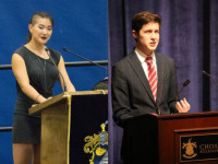 Cecilia Zhou ’17, left, and Noah Hermes de Boor ’18, right, demonstrating the power of good public speaking.