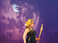 Under Circe’s gaze, Pallas Athena (played by Rebecca Lilenbaum ’17) glides across the stage during The Odyssey. Athena is the goddess of wisdom and war strategy, and she supports Odysseus on his journey home.
