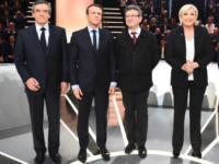 French presidential candidates stand on stage before a debate on March 20, 2017.
