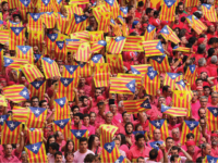Pro-independence demonstrators march in a rally organized by the Catalan Civil Society.