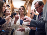 House Minority Leader Nancy Pelosi speaking to reporters following her record-breaking filibuster, which lasted eight hours.