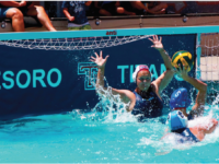 Sydney Klakeg ’19 guards against a shot for Santa Barbara 805 Water Polo Club. Photo courtesy of Sydney Klakeg